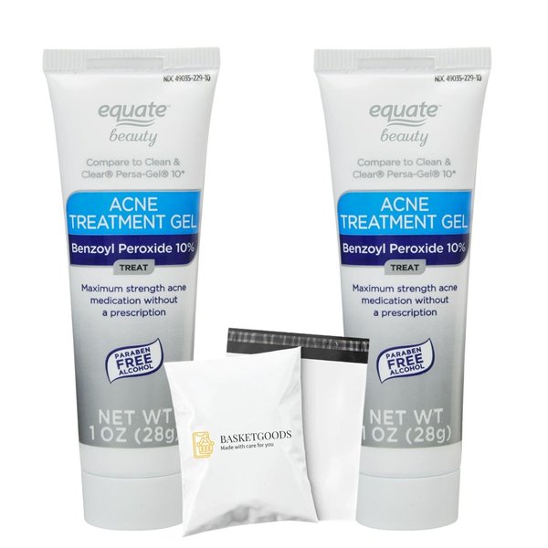 Equate 10% Benzoyl Peroxide Acne Treatment Gel, 2 Pack, 1 oz each - Set By Basket Goods
