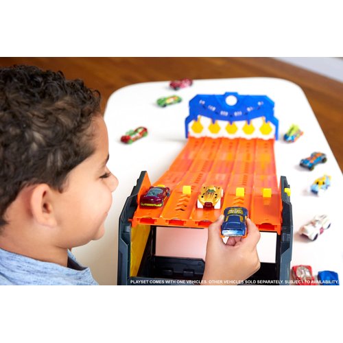 Hot Wheels Track Builder Action, Roll Out Raceway, Track Set with 5 Lane Racetrack and Toy Storage Bucket, Includes 1 Toy Car, Toys for Ages 4 to 10, One Pack, HGK41