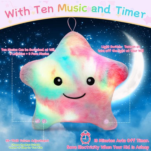 Subao Sensory Toys for Toddlers,14" Toddler Pillow with Light & Music,Plush Star Night Light for Kids Autism Sensory Products,Birthday Xmas Gifts for 3 4 5 6 7 8 9 10 Year Old Boys Girls Colorful