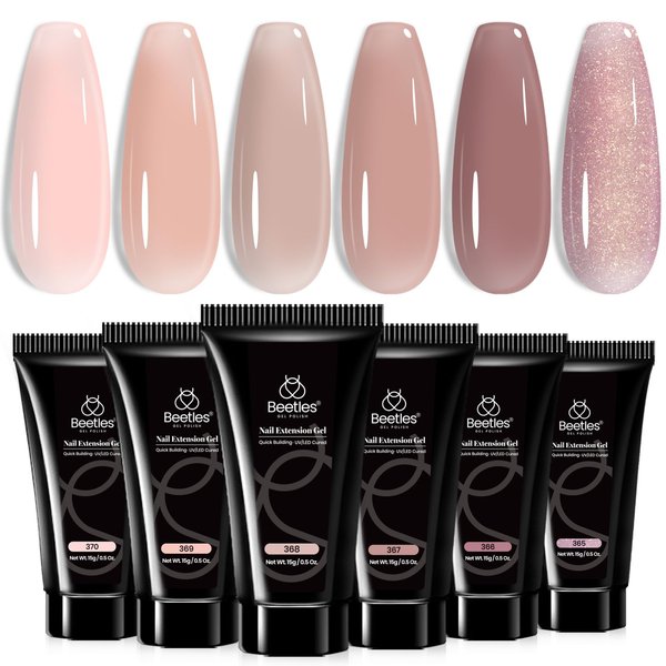 Beetles Nude Poly Nail Extension Gel Kit - 6 Colors Brown Nude Pink Jelly Poly Nail Gel Glitter Builder Nail Enhancement French Manicure Kit Easy DIY Art Salon Home Gifts for Mom
