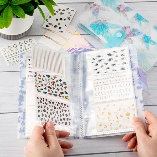 HINZIC 2PCS 240 Slots Flower Butterfly Nail Art Sticker Storage Books Purple Blue Wisteria Organizer Binders Transparent Collecting Album Photo DIY for Notebooks Diary Journal Planner