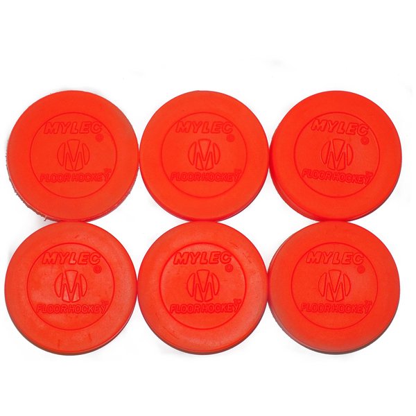 Mylec Hockey Pucks for Indoor & Outdoor Hockey, Lightweight Hollow Plastic Pucks for Street Hockey, (Orange, Pack of 6)