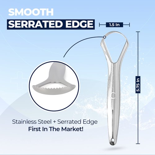Deep Clean Tongue Scraper- Double-Ended - Flat + Serrated Edge Design, (2pk) Stainless Steel, by Amazing Oralcare
