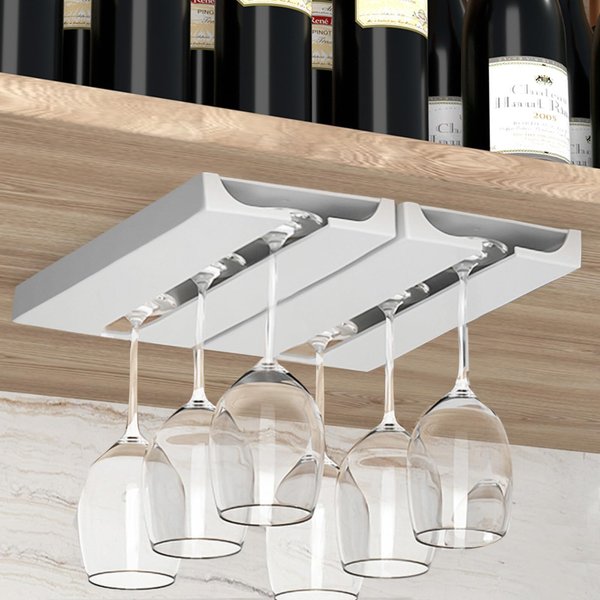 AQJUNONG Wine Glass Holder Under Cabinet，2 Pack Wine Glass Rack - Punch-free Under Cabinet Stemware Wine Glass Holder Glasses Storage Hanger plastic Organizer for Bar self-adhesive（Classic White）