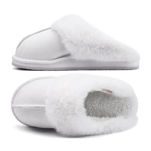 KuaiLu Womens Wedding Slippers, Fluff Dual Memory Foam Slippers Ladies Cozy Arch Support Warm Scuff Slippers Slip on Comfy Winter House Shoes with Non-Slip Indoor Outdoor Hard Sole Snow White 8