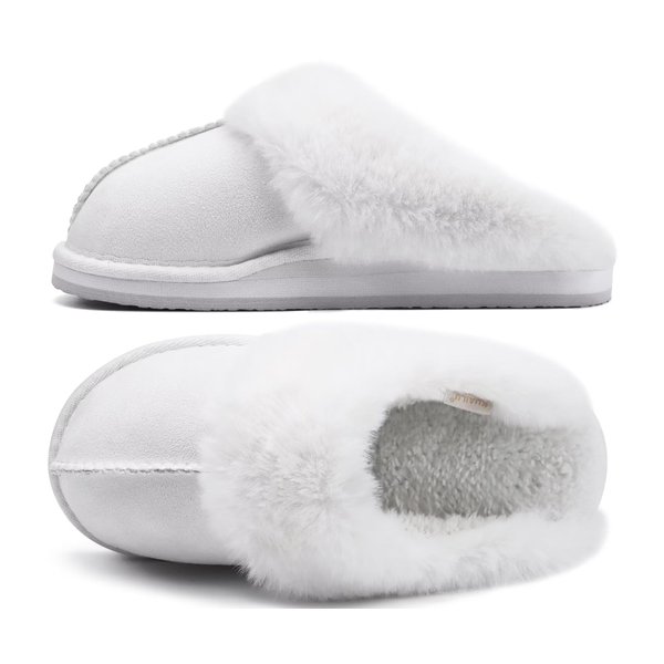 KuaiLu Womens Wedding Slippers, Fluff Dual Memory Foam Slippers Ladies Cozy Arch Support Warm Scuff Slippers Slip on Comfy Winter House Shoes with Non-Slip Indoor Outdoor Hard Sole Snow White 8