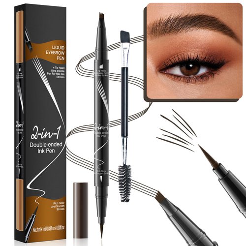 Microblading Eyebrow Pen & Eyeliner - Eyebrow Pencil Magical 2-in-1 Waterproof Eye Brow Pencils for Women with 4-Fork-Tip and Liquid Eyeliner, Create Natural Hair-Like Brows (Dark Brown)