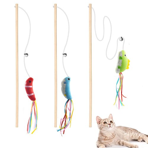 IUHKBH Cat Wands, 3 PCS Wood Cat Teaser Wands with Catnip Interactive Cat Toys for Cat and Kitten