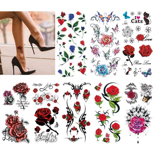 CARGEN Sexy Rose Temporary Tattoos - 8 Sheets Sexy Flower Butterfly Cat Love Tattoos for Women Se...