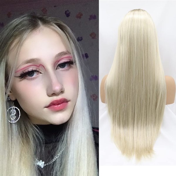 xiweiya Wigs Long Silk Straight Ombre Blonde Wig Synthetic Machine Made Wig Silky Full Heat Resistant Fiber Hair Middle Part Wig Two Tone Wig Free Wig Cap for Women 24 Inches