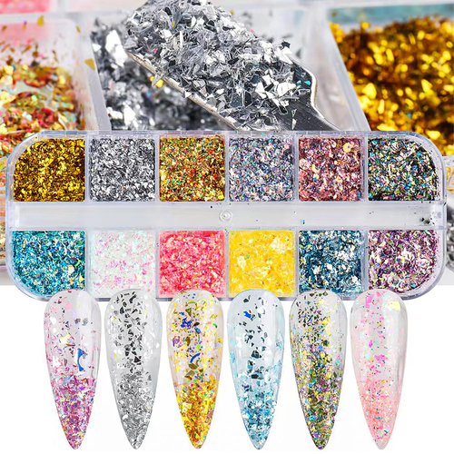Irregular Nail Foil Fragments Glitter for Nail Art, Nail Foil Flakes Opal Glitter Aurora Effect Acrylic Nail Powders Nail Foil Paillette for Nail Decoration