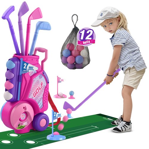 HYES Toddler Golf Set, Upgraded Kids Golf Clubs with 12 Balls, Putting Mat, Shoulder Strap, Indoor Outdoor Sport Toys Gift for Boys Girls Aged 3-5 Years Old, Pink