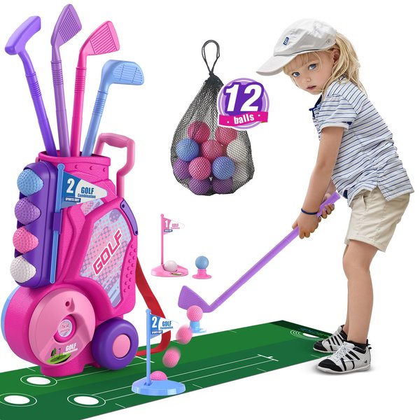 HYES Toddler Golf Set, Upgraded Kids Golf Clubs with 12 Balls, Putting Mat, Shoulder Strap, Indoor Outdoor Sport Toys Gift for Boys Girls Aged 3-5 Years Old, Pink
