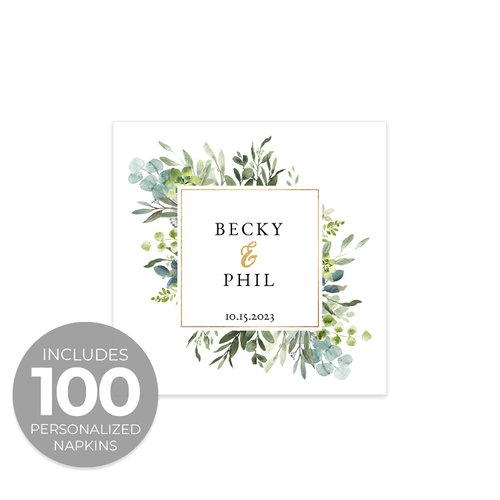 Greenery Wedding Personalized Beverage Napkins / 100 Custom Anniversary Cocktail Napkins / 4 3/4" x 4 3/4" Elegant Lush Floral Square Napkin Design / 3 Ply Bridal Shower Couples Party Décor