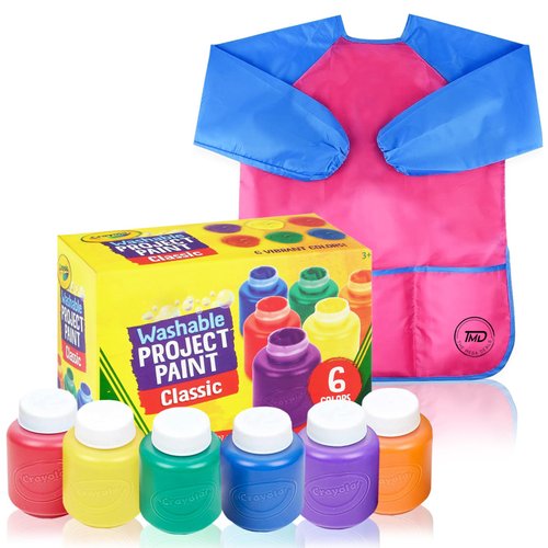 Washable Paint for Kids – 6 Count Kids Paint 2 oz with Toddler Art Smock – Tempera Paint for Kids, Non-Toxic, Washable Finger Paints for Toddlers – Kids Paint Set Supplies for Art, Craft