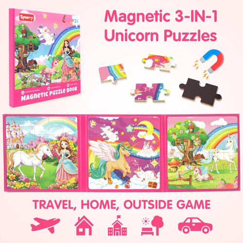 SYNARRY Unicorn Princess Fairy Magnetic Puzzles for Toddlers 3-5 Girls, 20 Pieces Travel Puzzles for Kids Ages 4-6, Car Airplane Road Trip Activities Games Toys for 3 4 5 Year Old Girls Birthday Gifts