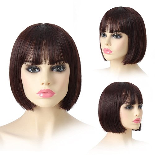 SYXLCYGG Short Brown Wigs Bob Wig With Bangs Synthetic 10&quot; Straight Womens Hair Wigs Girl Cosplay...