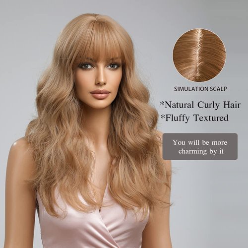 Esmee Strawberry Blonde Long Wavy Wig with Bangs for Women Natural Synthetic Hair Heat Resistant Wigs for Daily Party Cosplay Wear 22 Inches