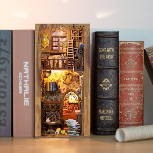 Fsolis Book Nook Kit, DIY Miniature House Room Kit for Adults Wooden Puzzle Bookshelf Decorations Bookshelf Nook Decor Gifts for Women and Craft Lovers(Eternal Bookstore)