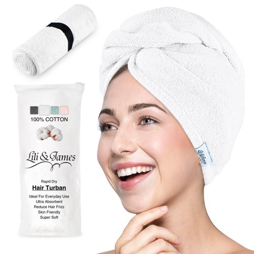 Lili&James Cotton Hair Towel Wrap for Women/Kids | Quick Dry, Soft & Absorbent Hair Wrap Towels with Double Button | Anti Frizz, Non Microfiber Hair Turbans for Curly, Long & Thick Hair