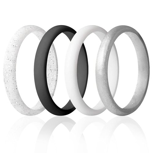 ROQ Silicone Rubber Wedding Ring for Women, Thin Stackable Wedding Band, Bridal Jewelry Set, Point Pave Edge, 2.5mm Wide 2mm Thick, 4 Pack, Black, White, White with Silver Glitter, Silver, Size 7