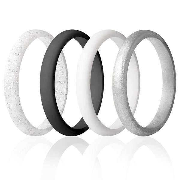 ROQ Silicone Rubber Wedding Ring for Women, Thin Stackable Wedding Band, Bridal Jewelry Set, Point Pave Edge, 2.5mm Wide 2mm Thick, 4 Pack, Black, White, White with Silver Glitter, Silver, Size 7