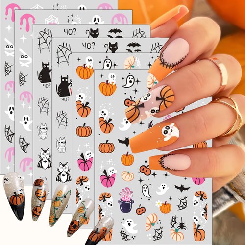 Halloween Nail Art Stickers for Nail Art 3D Self-Adhesive White Ghost Halloween Nail Decals Pumpkin Blood Skull Spooky Nail Design Black Cat Halloween Nail Stickers Gothic Nail Supplies for Women