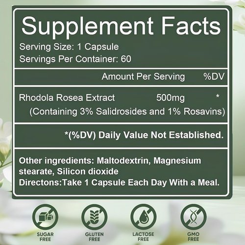 Floraviva Rhodiola Rosea Capsules, Natural Adaptogenic Herb, 500mg Organic Rhodiola Rosea Extract Supplement for Stress Support, Balance Energy, Immune Function, Non-GMO, 60 Vegan Capsules
