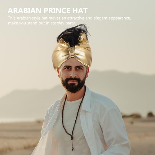Holibanna Arab India Hat Golden Turban Hat Prince Headdress Costume Arabian Cap Plume Decor Arabic Headwrap for Men Women Cosplay Fancy Dress
