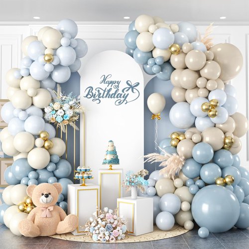 Dusty Blue Balloon Arch Kit,122Pcs Light Blue Sand White Metallic Gold Matte Balloons for Kids Boy Baby Shower Decorations Wedding Graduation Bridal Engagement Birthday Party Supplies