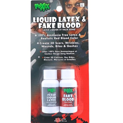 TOXIX Liquid Latex and Fake Blood Kit, 1 fl oz each, Clear Latex and Realistic Red Blood for Special Effects, Halloween Costumes, Scars, Wrinkles, Wounds, Bites