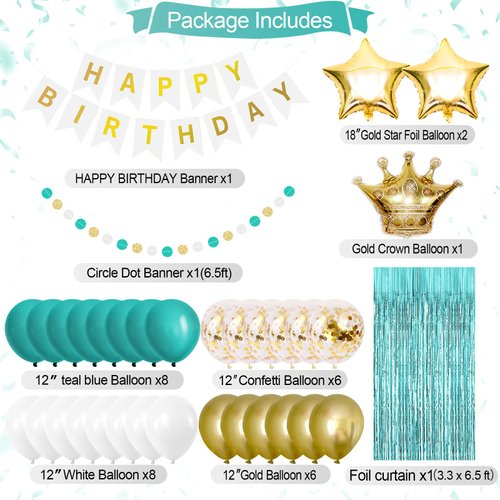 Iysoll Teal Blue and Gold Birthday Party Decorations Happy Birthday Banner Turquoise Aqua Teal Balloons Foil Fringe Curtain Tissue Pom Poms for Women Girls men boys