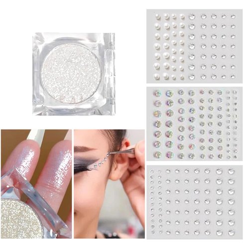 DANNEASY Silver Glitter Eyeshadow Palette and 189pcs Self Adhesive Rhinestones Gem & Pearls, Shimmer Single Eye Shadow Powder Stick on Gems Rhinestones Jewels Stickers for Face Makeup Nail Hair