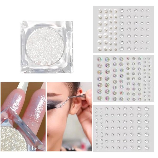 DANNEASY Silver Glitter Eyeshadow Palette and 189pcs Self Adhesive Rhinestones Gem & Pearls, Shimmer Single Eye Shadow Powder Stick on Gems Rhinestones Jewels Stickers for Face Makeup Nail Hair
