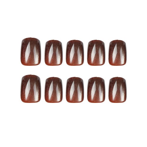 MISUD Fall Press on Nails Short Square Fake Nails Glossy Glue on Nails Bling Cat Eye Design Acrylic Nails Squoval Autumn Arificial Nails Brown Glitter Chrome Stick on False Nails 24 pcs