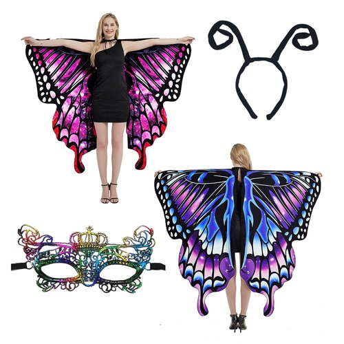 Butterfly Wings Double-Sided Womens Halloween Costumes Fairy Wings Adult Soft Fabric with Face Mask for Party Custome Accessory