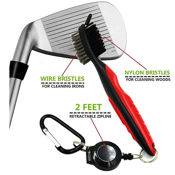 Yoport® Golf Club Brush and Club Groove Cleaner 2 Ft Retractable Zip-line Aluminum Carabiner, Lightweight and Stylish, Ergonomic Design, Easily Attaches to Golf Bag (Black+Black)