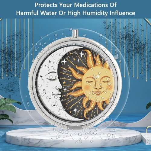 Pill Box 3 Compartment Medicine Pill Case,Portable Pill Box for Pocket or Purse Pill Box Decorative Metal Medicine Vitamin Organizer Unique Gift(Sun and Moon)