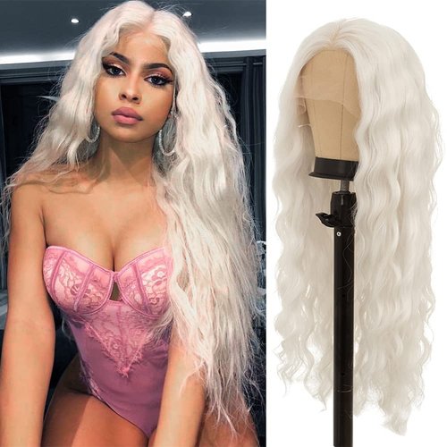 Amnenl Blonde Wavy Lace Front Wigs for Women Long Loose Curly Synthetic Heat Resistant Fiber Wig Natural Curly White Wigs(Light Blonde)