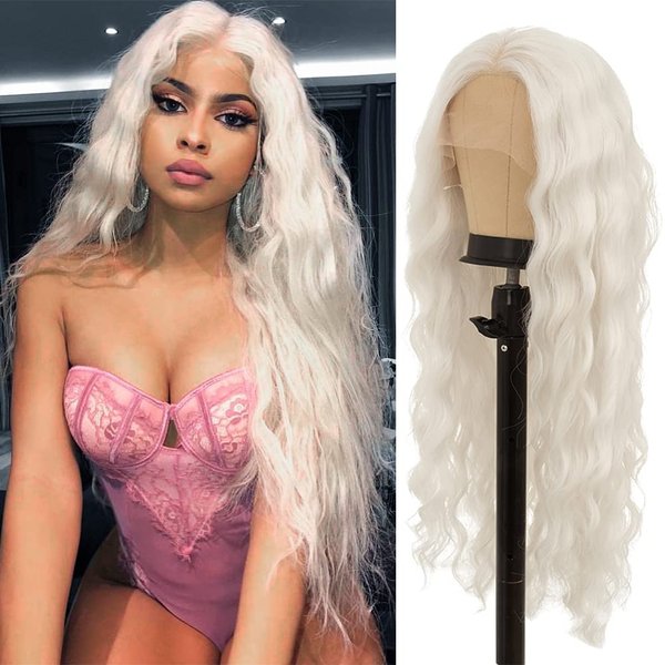 Amnenl Blonde Wavy Lace Front Wigs for Women Long Loose Curly Synthetic Heat Resistant Fiber Wig Natural Curly White Wigs(Light Blonde)