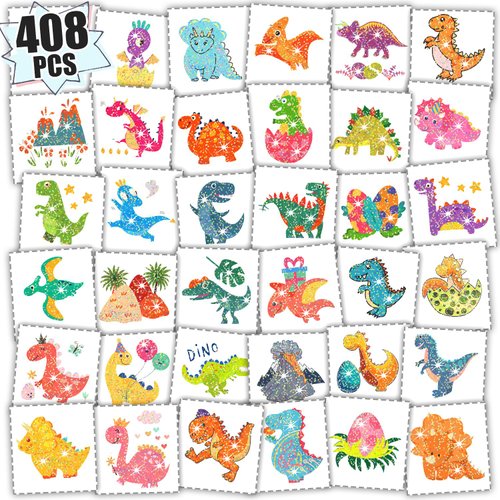 Partywind 408 PCS (68 Sheets) Glitter Dinosaur Tattoos for Kids Party Supplies, Fake Temporary Tattoos for Dinosaur Goodie Bag Stuffers, Boys Birthday Party Decorations, Dinosaur Games Toys