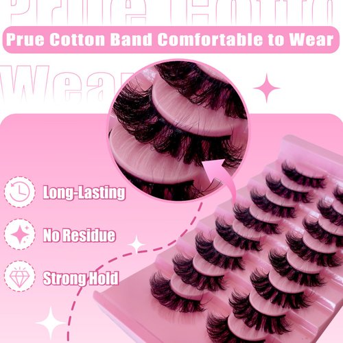 BTLLSSH 8Pair 3D5D 0.67INCH Thick False Eyelashes Cross Fluffy Natural Look Faux Mink Lashes Volume Fake Eyelashes with Dark Pink Box