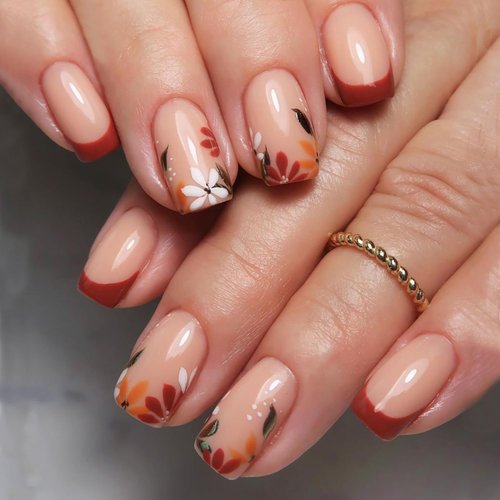 24 Pcs Thanksgiving Press on Nails Medium French Tip False Nails with Flower Leaf Design Nude Square Fake Nails Glossy Glue on Nails Autumn Thanksgiving Full Cover Stick on Nails for Women Girls