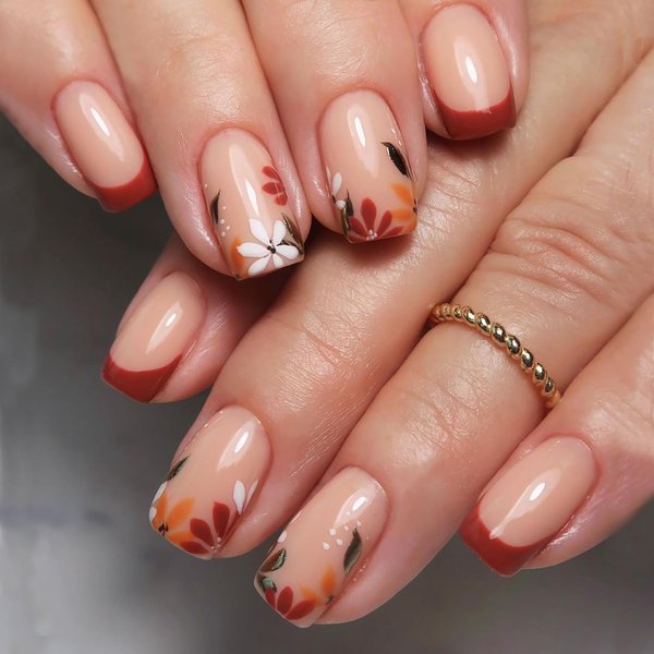 24 Pcs Thanksgiving Press on Nails Medium French Tip False Nails with Flower Leaf Design Nude Square Fake Nails Glossy Glue on Nails Autumn Thanksgiving Full Cover Stick on Nails for Women Girls
