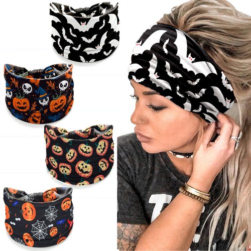 TailaiMei 4 Pcs Halloween Headbands for Women, Wide Turban Dress Up Costume Headband, Pumpkin Spider Web Bad Skeleton Hair Band