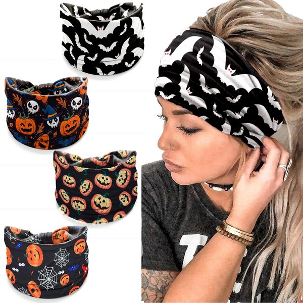 TailaiMei 4 Pcs Halloween Headbands for Women, Wide Turban Dress Up Costume Headband, Pumpkin Spider Web Bad Skeleton Hair Band