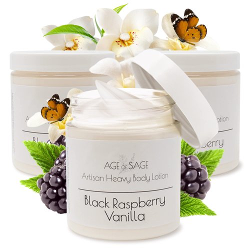 Age of Sage Body Lotion with Shea Butter - Gifts for Her, Body Moisturizers Infused with Coconut & Sunflower Oils, Birthday Gifts for Women Raspberry Vanilla Scent, 8 oz Jars - 3 Pack
