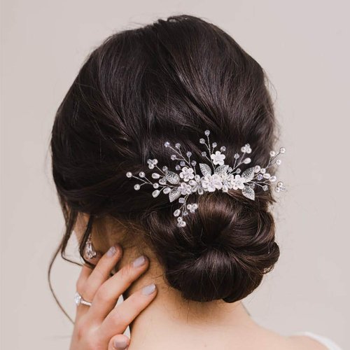 Unicra Flower Bride Wedding Hair Comb Pearl Bridal Headpiece Rhinestone Hair Accessories Prom Hair Piece Jewelry for Women and Girls (A-Silver)