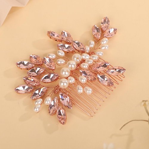 BERYUAN Crystal Rhinestone Hair Comb Rhinestone Pearls Headpiece Teardrop Rhinestone Wedding Hair Accessories for Women (pink)