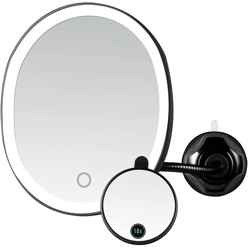 OVENTE 9'' Rechargeable Lighted Wall Mount Makeup Mirror - 1X Magnifying w/ 10X Mini Magnetic, Swivel Gooseneck w/ Suction Mounting, Dimmable Oval LED USB Powered, Perfect for Bath Decor, Black MOW22B